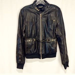 Golden Goose Black Leather Bomber Moto Jacket Distressed Size Medium